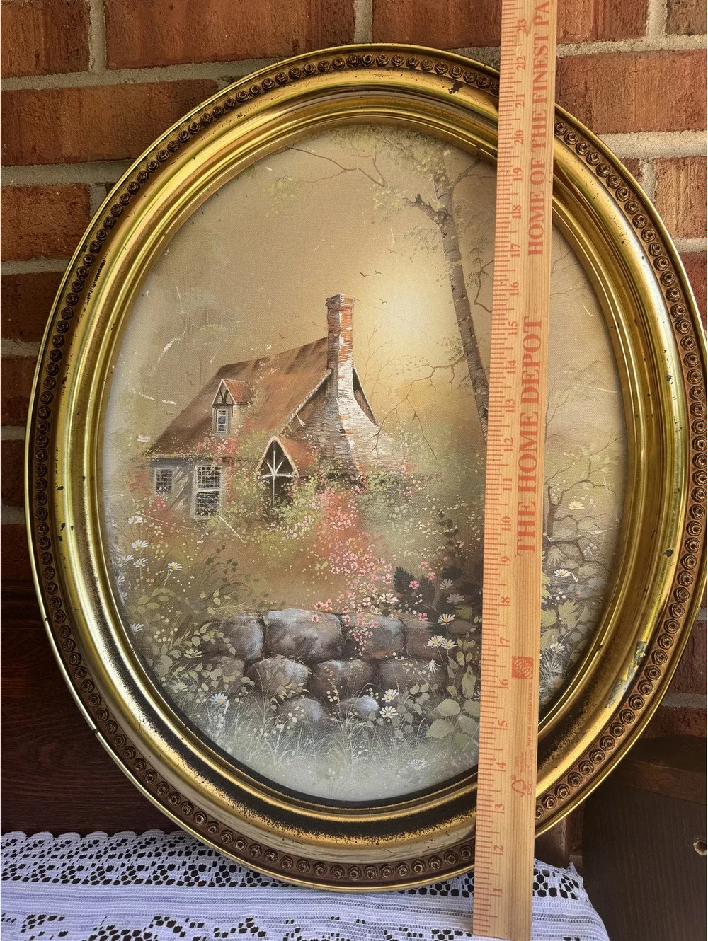 Vintage Oval Gold Tone Frame with Cottage Landscape Painting